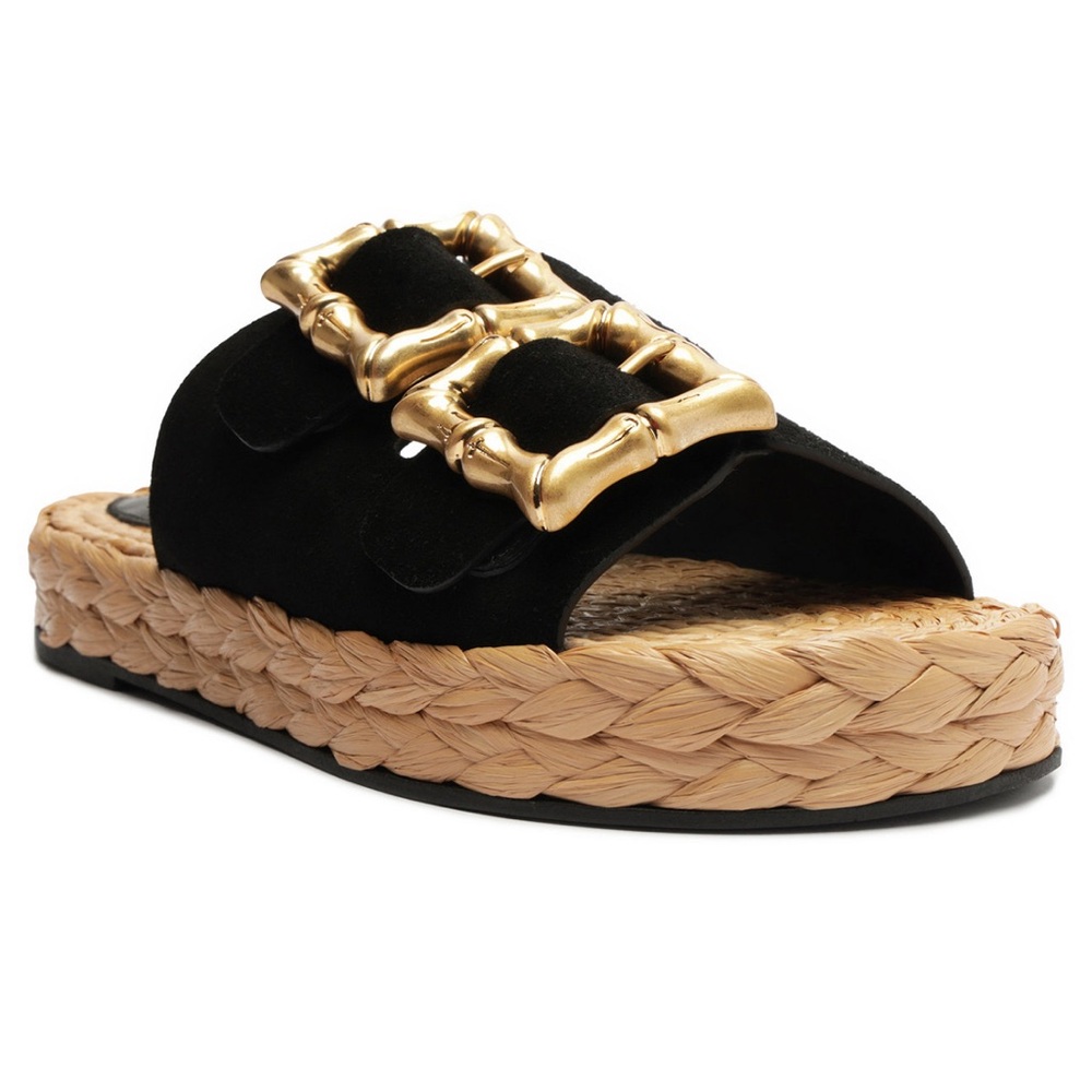 NEW Schutz Enola Black and Gold Suede Sandals